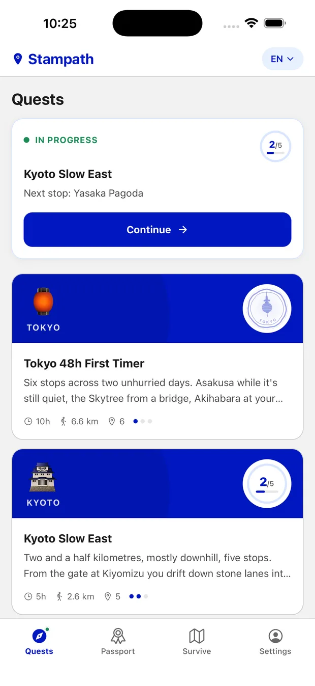 Quest list with Kyoto Slow East in progress