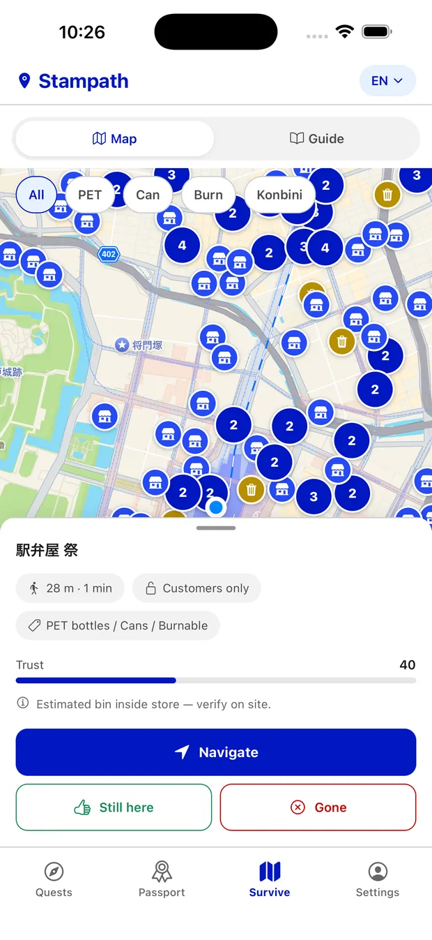 The bin map with filters and a selected bin